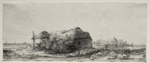Maisema mökillä ja heinänavetta: Pitkät, 1641. tekijältä Rembrandt van Rijn