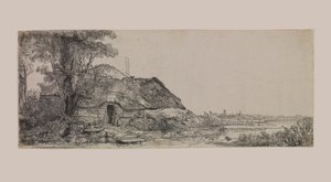 Maisema mökillä ja suurella puulla tekijältä Rembrandt van Rijn
