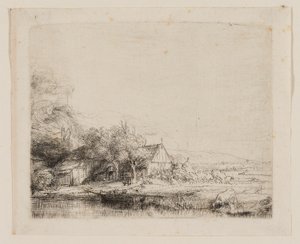Maisema, jossa lehmä juo tekijältä Rembrandt van Rijn