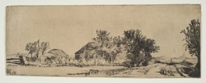 Maisema, jossa maalaistalo tien varrella kanavan vieressä, n. 1652. tekijältä Rembrandt van Rijn