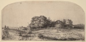 Maisema, jossa on heinävarasto ja lammaslauma tekijältä Rembrandt van Rijn