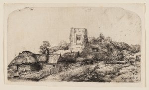 Maisema neliötornilla tekijältä Rembrandt van Rijn