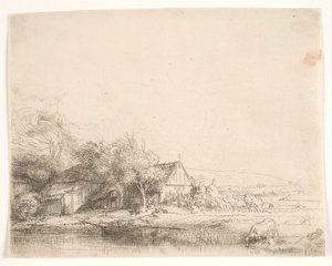 Maisema, jossa lehmä juo tekijältä Rembrandt van Rijn