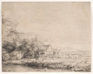 Maisema, jossa lehmä juo tekijältä Rembrandt van Rijn