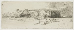 Maisema, jossa näkyy maatilarakennus ja ”tornitalo” tekijältä Rembrandt van Rijn