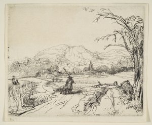 Maisema paimenen ja koiran kanssa, n. 1653. tekijältä Rembrandt van Rijn