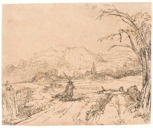 Maisema, jossa on urheilija ja koiria tekijältä Rembrandt van Rijn