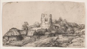 Maisema, jossa on neliönmuotoinen torni tekijältä Rembrandt van Rijn