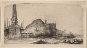 Maisema, jossa on obeliski tekijältä Rembrandt van Rijn