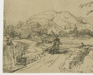 Maisema, jossa on urheilija ja koiria tekijältä Rembrandt van Rijn