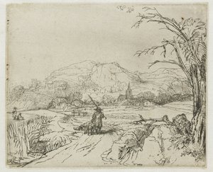 Maisema, jossa on urheilija ja koiria tekijältä Rembrandt van Rijn