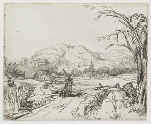 Maisema, jossa on urheilija ja koiria tekijältä Rembrandt van Rijn