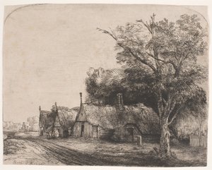 Maisema, jossa kolme harjakattoista mökkiä tien varrella tekijältä Rembrandt van Rijn