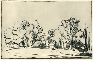 Maisema kahdella mökillä, c1650-1655, 1943. tekijältä Rembrandt van Rijn