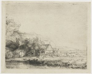 Maisema, jossa lehmä juo tekijältä Rembrandt van Rijn