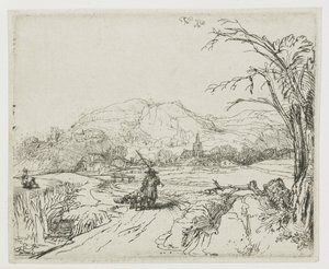 Maisema, jossa on lammaspaimen ja koiria (”Pikku metsästäjä”) tekijältä Rembrandt van Rijn
