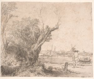Maisema. "Uudelleenvalinta" tekijältä Rembrandt van Rijn