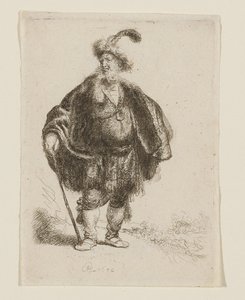 Mies seisomassa, itämaisessa asussa ja höyhenkoristellussa turkislakissa tekijältä Rembrandt van Rijn