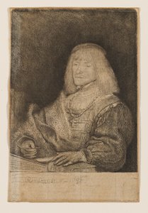 Mies työpöydän ääressä, jolla on kaulassaan risti ja ketju tekijältä Rembrandt van Rijn
