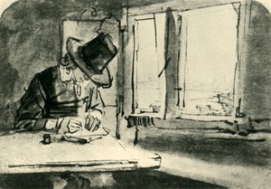 Mies piirtää ikkunaan, 1600-luvun puoliväli, 1943. tekijältä Rembrandt van Rijn
