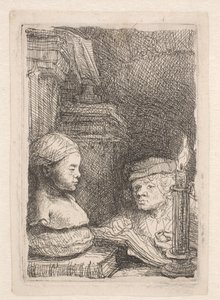 Mies piirtämässä kipsivaloksen pohjalta tekijältä Rembrandt van Rijn