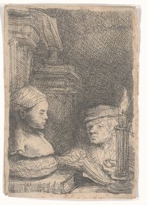 Mies piirtää valusta tekijältä Rembrandt van Rijn