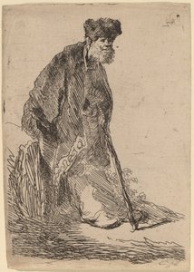 Home amb un abric i una gorra de pell recolzat contra un Bankfinnish tekijältä Rembrandt van Rijn