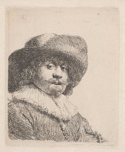 Mies leveälierisessä hatussa ja röyhelössä tekijältä Rembrandt van Rijn
