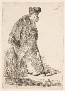 Viitta ja turkislakki päällään oleva mies nojaa penkkiä vasten tekijältä Rembrandt van Rijn