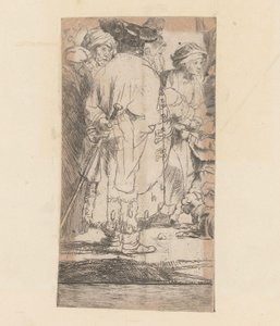 Mies viittassa, takaa katsottuna Sata Gulden-kuvaa tekijältä Rembrandt van Rijn