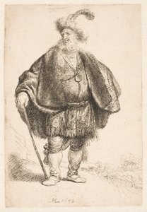 Mies, joka seisoo itämaisessa asussa ja höyhenkoristellussa turkislakissa tekijältä Rembrandt van Rijn