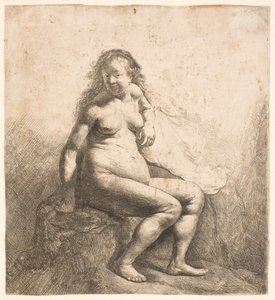 Alaston nainen istuu kumpareella tekijältä Rembrandt van Rijn