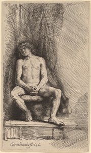 Alaston mies istuu verhon edessä tekijältä Rembrandt van Rijn