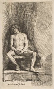 Alaston mies istuu verhon edessä, 1646. tekijältä Rembrandt van Rijn