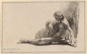 Alaston mies istuu maassa yksi jalka ojennettuna tekijältä Rembrandt van Rijn