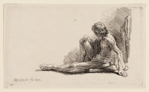 Alaston mies istuu maassa yksi jalka ojennettuna tekijältä Rembrandt van Rijn