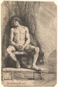 Alaston mies istuu verhon edessä (BB.46-Bi) tekijältä Rembrandt van Rijn
