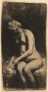 Alaston istuva penkillä tyynyn kanssa (nainen kylpemässä jalkojaan purossa) tekijältä Rembrandt van Rijn