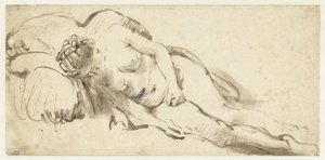 Alaston nainen makaa tyynyllä tekijältä Rembrandt van Rijn