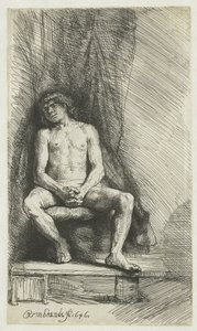 Alaston nuori mies, istuu verhon edessä Alaston mies istuu verhon edessä tekijältä Rembrandt van Rijn
