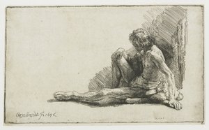Alaston mies istuu maassa toinen jalka ojennettuna tekijältä Rembrandt van Rijn