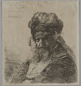 Vanha parrakas mies, jolla on korkea turkislakki ja silmät kiinni tekijältä Rembrandt van Rijn