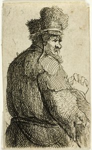 Vanha mies takaa nähtynä, profiili oikealla: puolihahmo tekijältä Rembrandt van Rijn