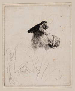 Vanha mies varjostaa silmänsä kädellä tekijältä Rembrandt van Rijn