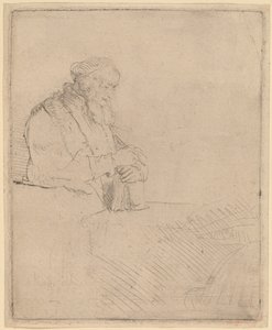 Vanha mies meditaatiossa, nojaten kirjaan tekijältä Rembrandt van Rijn