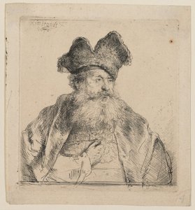 Vanha mies, jolla on kaksiosainen turkislakki tekijältä Rembrandt van Rijn
