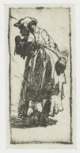 Vanha kerjäläisnainen, jolla on kurpitsa tekijältä Rembrandt van Rijn