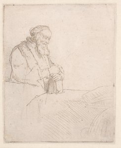 Meditoiva vanha mies, joka nojaa kirjaan tekijältä Rembrandt van Rijn
