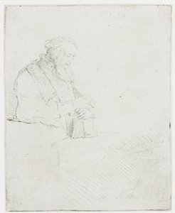 Meditoiva vanha mies, joka nojaa kirjaan tekijältä Rembrandt van Rijn