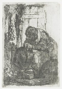 Vanha nainen sipulien kanssa, istumassa mökissä tekijältä Rembrandt van Rijn